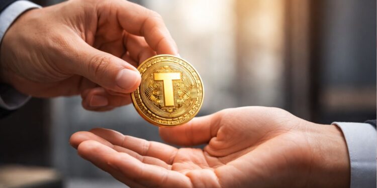 Manos intercambiando una moneda de oro tokenizada en primer plano.