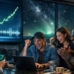 Grupo de personas celebrando mientras apuestan en laptops y smartphones ante un anuncio sobre posible vida extraterrestre.