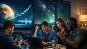 Grupo de personas celebrando mientras apuestan en laptops y smartphones ante un anuncio sobre posible vida extraterrestre.
