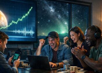 Grupo de personas celebrando mientras apuestan en laptops y smartphones ante un anuncio sobre posible vida extraterrestre.