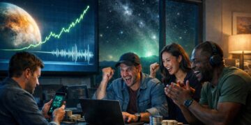 Grupo de personas celebrando mientras apuestan en laptops y smartphones ante un anuncio sobre posible vida extraterrestre.