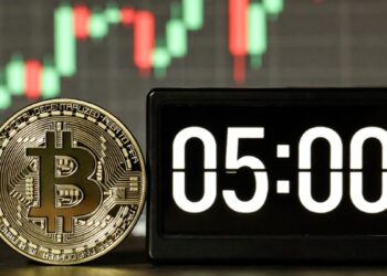 Bitcoin físico dorado junto a un cronómetro de 5 minutos sobre fondo de gráfico de precios.