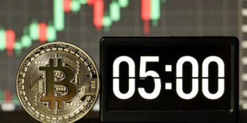 Bitcoin físico dorado junto a un cronómetro de 5 minutos sobre fondo de gráfico de precios.