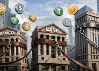 Edificios de bancos siendo domesticados con stablecoins alrededor.
