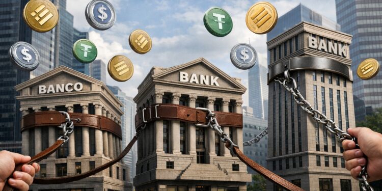 Edificios de bancos siendo domesticados con stablecoins alrededor.