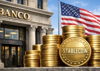 Edificio que dice banco y al lado monedas apiladas que dicen STABLECOIN. Y la bandera de EE. UU. en el fondo.