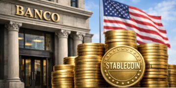 Edificio que dice banco y al lado monedas apiladas que dicen STABLECOIN. Y la bandera de EE. UU. en el fondo.