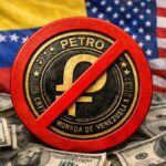 Moneda fรญsica del petro con un sรญmbolo de prohibido, con dรณlares alrededor, y las banderas de EE. UU. y Venezuela en el fondo.