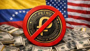 Moneda física del petro con un símbolo de prohibido, con dólares alrededor, y las banderas de EE. UU. y Venezuela en el fondo.
