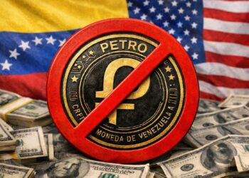 Moneda física del petro con un símbolo de prohibido, con dólares alrededor, y las banderas de EE. UU. y Venezuela en el fondo.
