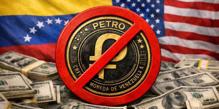 Moneda fรญsica del petro con un sรญmbolo de prohibido, con dรณlares alrededor, y las banderas de EE. UU. y Venezuela en el fondo.