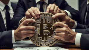 Moneda física de bitcoin siendo estrangulada por banqueros, con papeles alrededor en un escritorio.
