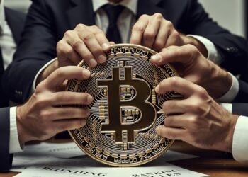 Moneda física de bitcoin siendo estrangulada por banqueros, con papeles alrededor en un escritorio.