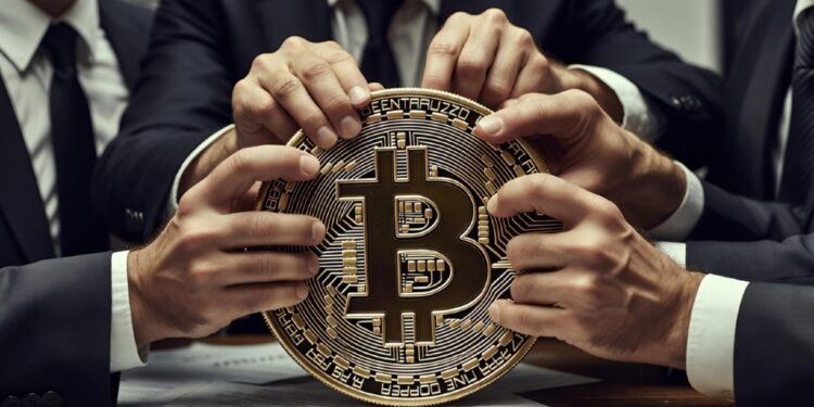 Moneda física de bitcoin siendo estrangulada por banqueros, con papeles alrededor en un escritorio.