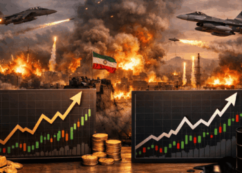 Precios del oro y el petróleo subiendo en primer plano. Un ataque aéreo a Irán en el fondo.