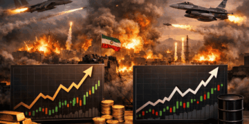 Precios del oro y el petróleo subiendo en primer plano. Un ataque aéreo a Irán en el fondo.