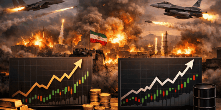 Precios del oro y el petróleo subiendo en primer plano. Un ataque aéreo a Irán en el fondo.