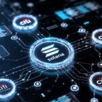 Ilustración digital de la red de Solana conectada con nodos del banco Citi.