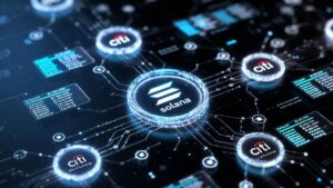 Ilustraciรณn digital de la red de Solana conectada con nodos del banco Citi.