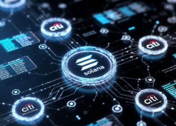 Ilustración digital de la red de Solana conectada con nodos del banco Citi.