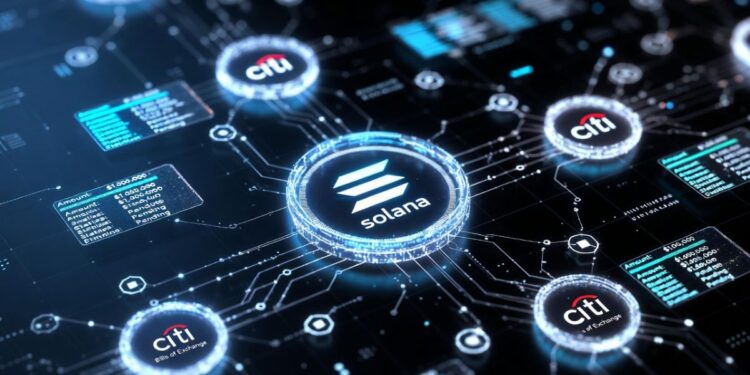 Ilustración digital de la red de Solana conectada con nodos del banco Citi.