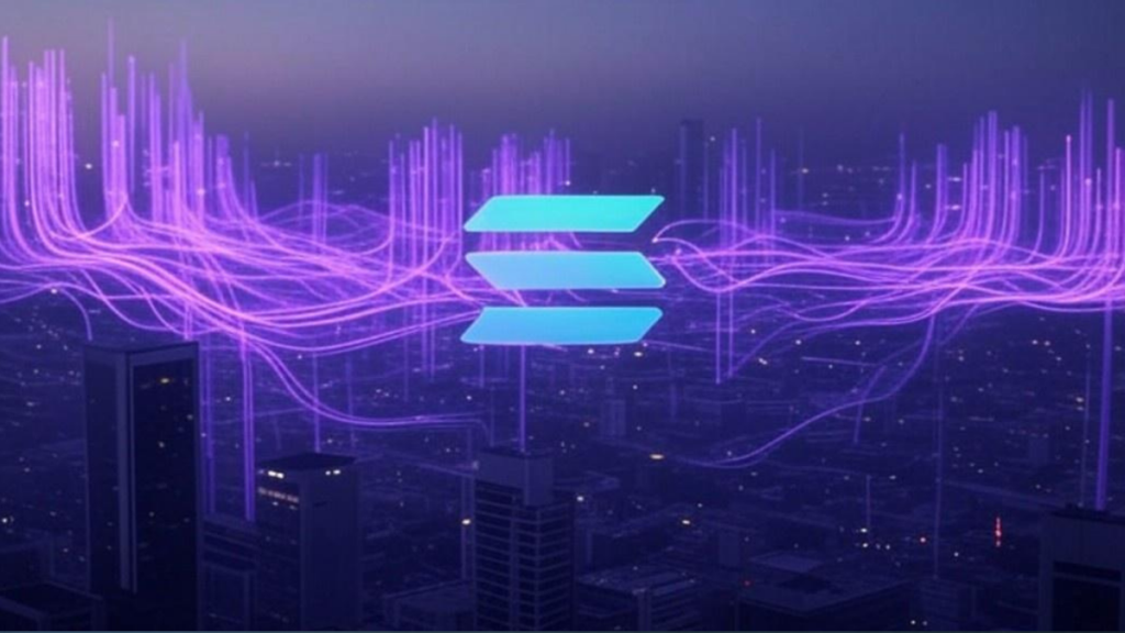 El logo de la red Solana rodeado de ondas violetas.