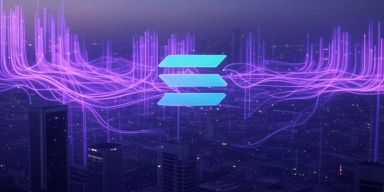 El logo de la red Solana rodeado de ondas violetas.