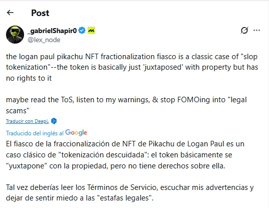 Captura de un tutit sobre el fraccionamiento de la tarjeta Pokémon.