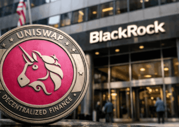En primer plano: moneda física con el logo de Uniswap. En el fondo: edificio corporativo de BlackRcok.
