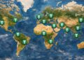 Imagen de un mapa mundi con distintos puntos marcados con el logo de USDT.