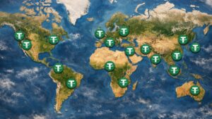 Imagen de un mapa mundi con distintos puntos marcados con el logo de USDT.