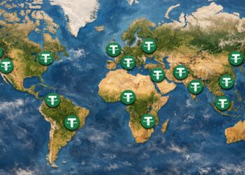 Imagen de un mapa mundi con distintos puntos marcados con el logo de USDT.