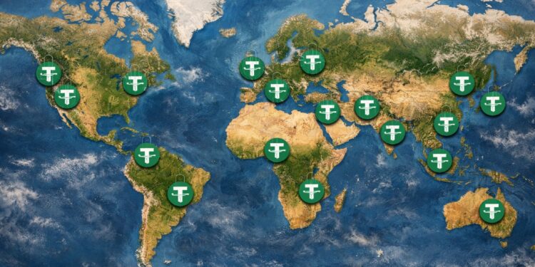 Imagen de un mapa mundi con distintos puntos marcados con el logo de USDT.