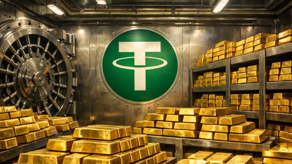 Bóveda con numerosos lingotes de oro apilados y el logotipo de Tether al fondo.