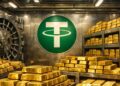 Bóveda con numerosos lingotes de oro apilados y el logotipo de Tether al fondo.