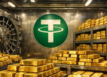 Bóveda con numerosos lingotes de oro apilados y el logotipo de Tether al fondo.