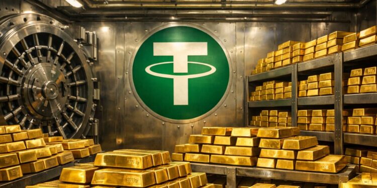 Bóveda con numerosos lingotes de oro apilados y el logotipo de Tether al fondo.