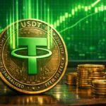 Moneda física de USDT con logo verde brillante sobre mesa de madera, rodeada de monedas de bitcoin y fondo con gráfico financiero alcista en verde.
