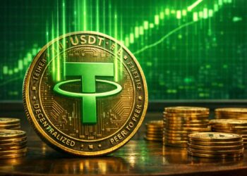 Moneda física de USDT con logo verde brillante sobre mesa de madera, rodeada de monedas de bitcoin y fondo con gráfico financiero alcista en verde.