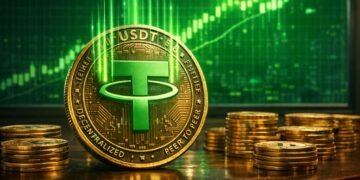 Moneda física de USDT con logo verde brillante sobre mesa de madera, rodeada de monedas de bitcoin y fondo con gráfico financiero alcista en verde.