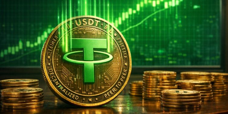 Moneda física de USDT con logo verde brillante sobre mesa de madera, rodeada de monedas de bitcoin y fondo con gráfico financiero alcista en verde.