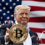 Donald Trump, moneda de bitcoin, bandera de EEUU y gráfico de precio en caída.