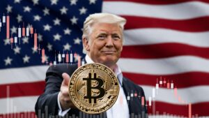 Donald Trump, moneda de bitcoin, bandera de EEUU y gráfico de precio en caída.