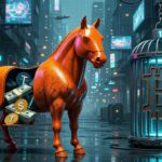 Un caballo de madera clรกsico (estilo griego antiguo) pero pintado en naranja Trump, con la cara de Trump como figura de proa o asomรกndose desde arriba sonriendo/confiado. Dentro del caballo (visible a travรฉs de una "puerta" abierta) salen billetes de dรณlar y logos de stablecoins (USDT, USDC), mientras que Bitcoin (logo BTC) estรก atado o encerrado en una jaula pequeรฑa afuera, como si fuera el "regalo" que esconde la trampa. Fondo con murallas de Wall Street o la Casa Blanca.