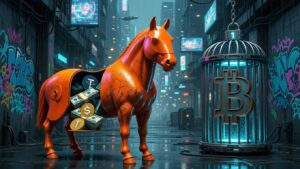 Un caballo de madera clásico (estilo griego antiguo) pero pintado en naranja Trump, con la cara de Trump como figura de proa o asomándose desde arriba sonriendo/confiado. Dentro del caballo (visible a través de una "puerta" abierta) salen billetes de dólar y logos de stablecoins (USDT, USDC), mientras que Bitcoin (logo BTC) está atado o encerrado en una jaula pequeña afuera, como si fuera el "regalo" que esconde la trampa. Fondo con murallas de Wall Street o la Casa Blanca.