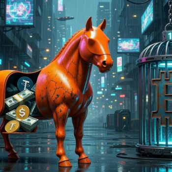 Un caballo de madera clásico (estilo griego antiguo) pero pintado en naranja Trump, con la cara de Trump como figura de proa o asomándose desde arriba sonriendo/confiado. Dentro del caballo (visible a través de una "puerta" abierta) salen billetes de dólar y logos de stablecoins (USDT, USDC), mientras que Bitcoin (logo BTC) está atado o encerrado en una jaula pequeña afuera, como si fuera el "regalo" que esconde la trampa. Fondo con murallas de Wall Street o la Casa Blanca.