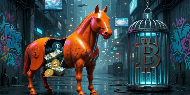 Un caballo de madera clásico (estilo griego antiguo) pero pintado en naranja Trump, con la cara de Trump como figura de proa o asomándose desde arriba sonriendo/confiado. Dentro del caballo (visible a través de una "puerta" abierta) salen billetes de dólar y logos de stablecoins (USDT, USDC), mientras que Bitcoin (logo BTC) está atado o encerrado en una jaula pequeña afuera, como si fuera el "regalo" que esconde la trampa. Fondo con murallas de Wall Street o la Casa Blanca.