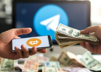 Manos intercambiando BTC con dinero alrededor y el logo de Telegram en el fondo.