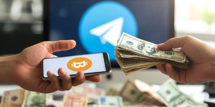 Manos intercambiando BTC con dinero alrededor y el logo de Telegram en el fondo.