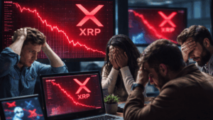 Personas en una oficina lamentándose la caída de precio de XRP.